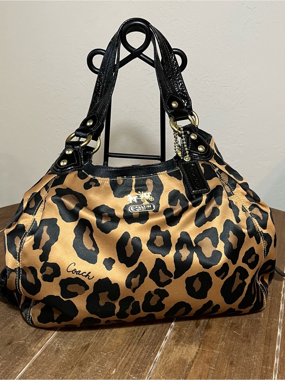 Coach Leopard-Print Satin Shoulder Bag in Tan and Black with Gold Hardware